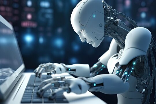 humanoid robot typing on computer keyboard