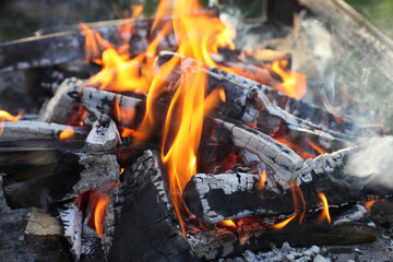 Closeup of burning and flaming hot wood charcoal.