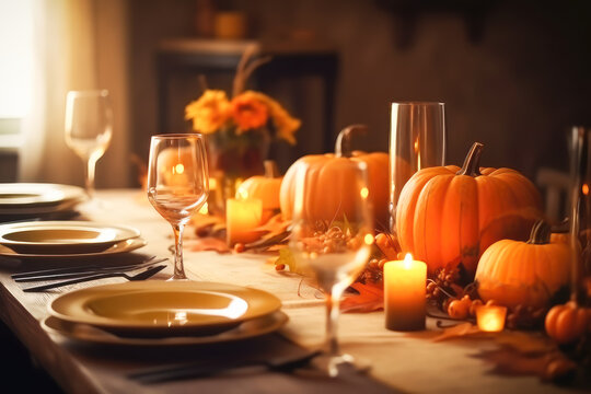 Thanksgiving dinner table setting with autumnal decorations, pumpkins, glasses and plates. Generative AI.