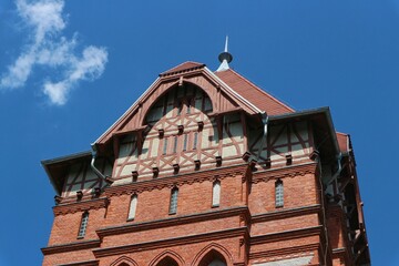 A historic, neo-gothic water tower in Chelmza from the beginning of the 20th century.