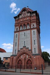 A historic, neo-gothic water tower in Chelmza from the beginning of the 20th century.