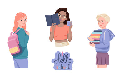 Portraits of cute high school girls. Young women with books, set. Flat vector illustration.