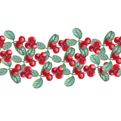 Seamless border of ripe juicy cowberries isolated on transparent background. Watercolor illustration of fresh red berries with green leaves. Ornate for wrapping, prints, textile