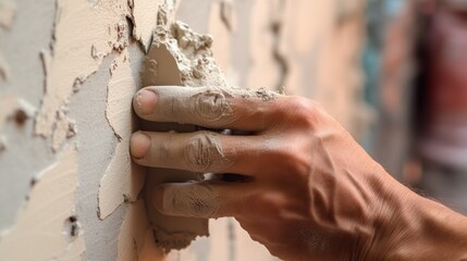 Man worker plasterer work with white wall polishing and sanding surface after putty for painting in new apartment banner