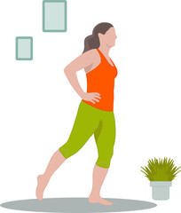 Woman in sportswear doing sport activities at home. Flat vector illustration