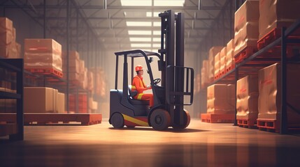 Warehouse man worker in uniform driving forklift truck stacking modern box boxes. - obrazy, fototapety, plakaty