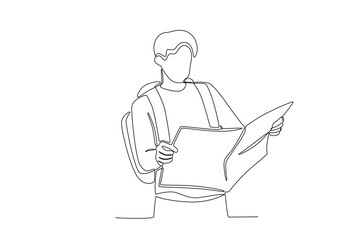 A tourist reads a travel magazine. World tourism day one-line drawing