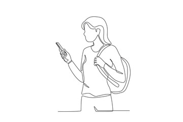 A woman on vacation while looking at her cellphone. World tourism day one-line drawing