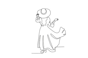 Back view of a female tourist. World tourism day one-line drawing