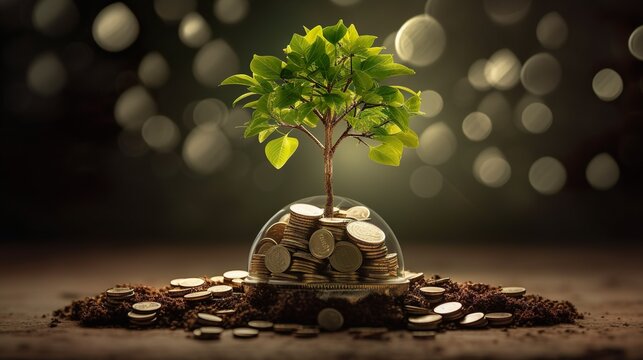 Pile Of Coins Sitting On Top Of Pile Of Dirt With Plant Growing Out Of It Ecological Concept