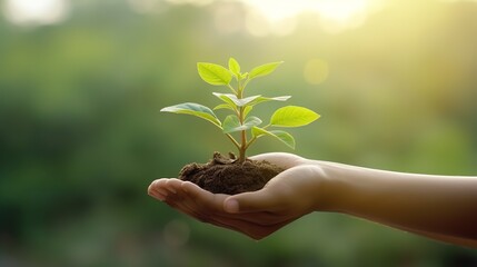 Hands holding young plant in sunshine and green background at sunset. Environment conservation, reforestation, climate change