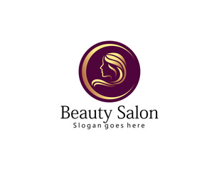 Female face with beautiful hairstyle logo template linear vector illustration. Beauty woman head elegant emblem design for cosmetics packaging or hairdresser line art style.