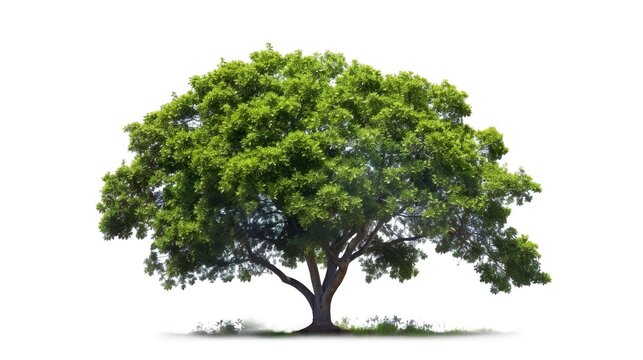Isolated green tree on white background. Single tropical tree in illustrative. Concept for landscaped decoration of tree in garden and architectural design
