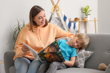 Nanny reading story to little boy at home