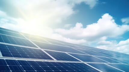 Solar panels and blue sky. Solar panels system power generators from sun. Clean technology for better future