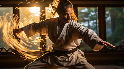 martial artists in the dojo training, glowing sparks in the background, generative AI