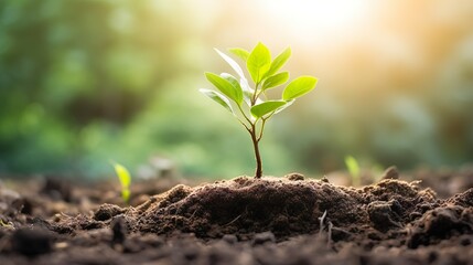 touching soil on the field before growth a seed of vegetable or plant seedling. Agriculture, gardening or ecology concept in sunlight