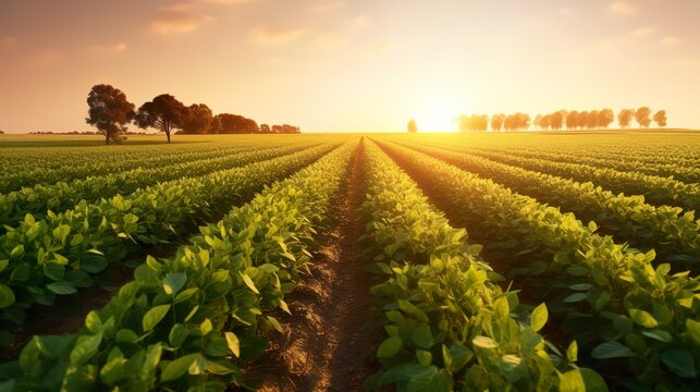 Agricultural soy plantation on sunny day - Green growing soybeans plant with sunlight on field