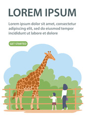 Obraz premium Mother and child look at a giraffe in the zoo. African herbivore mammal. Wild animal. Weekend and leisure. Cartoon vector illustration. Design for website, banner