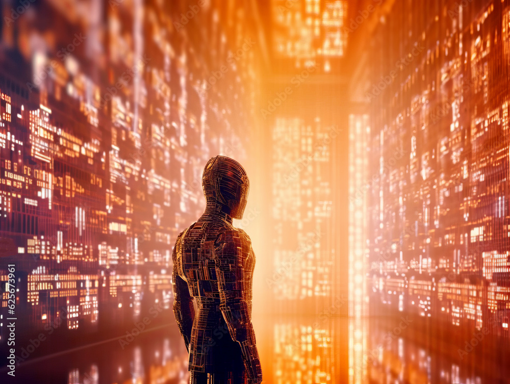 Poster Virtual reality and artificial intelligence concept with robot avatar on matrix background. Generative AI