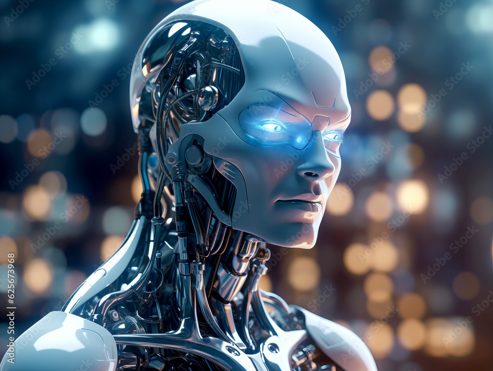 Poster closeup of white cyborg head, robot manufacturing and artificial intelligence concept. generative ai