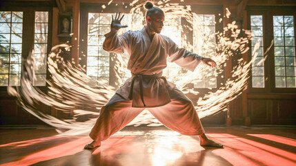 martial artists in the dojo training, glowing sparks in the background, generative AI