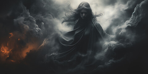 Dark scene with a woman in a black cloak standing in the middle of the smoke and fire - 625673985