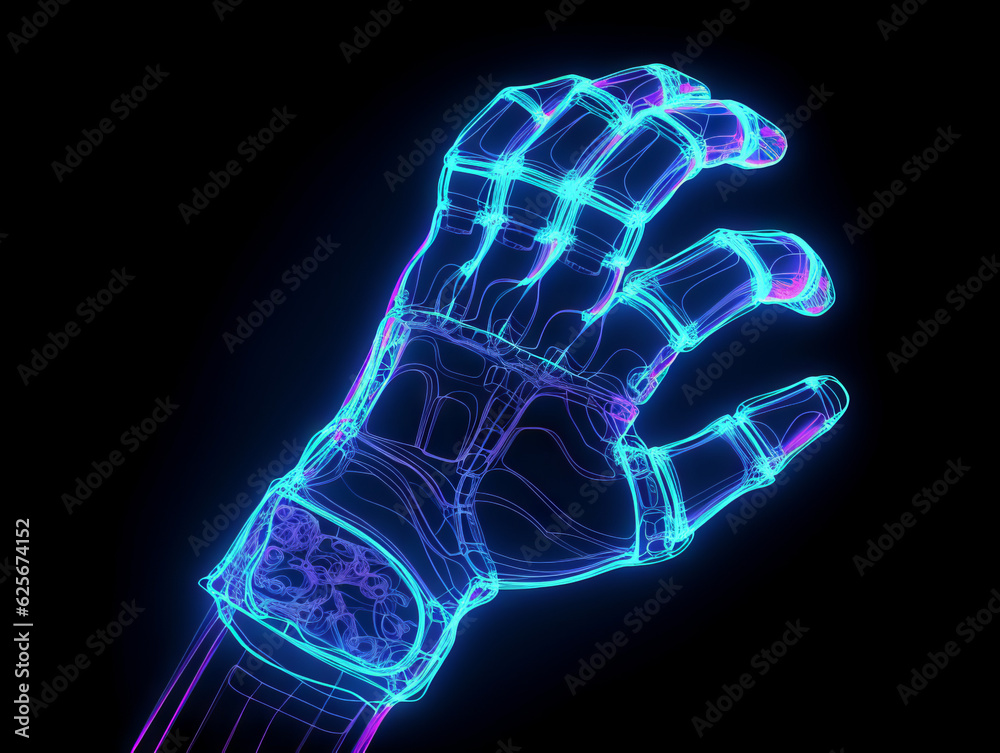 Poster neon style robot hand illustration. generative ai