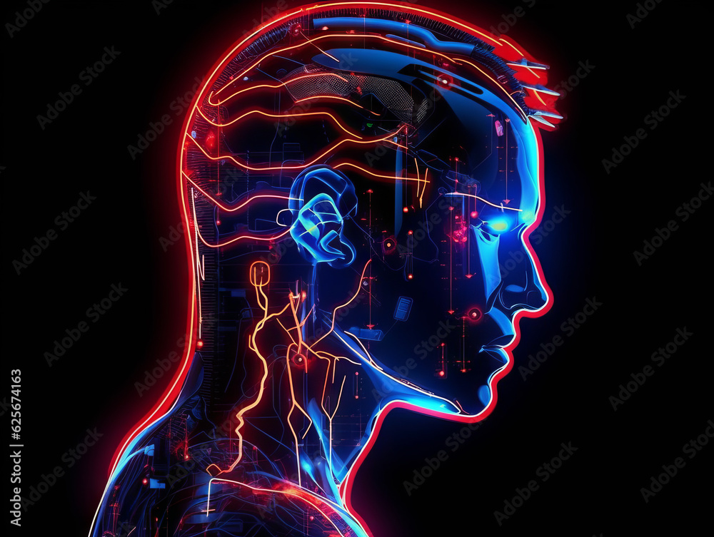 Poster neon style cyborg head illustration, robot manufacturing and artificial intelligence concept. genera