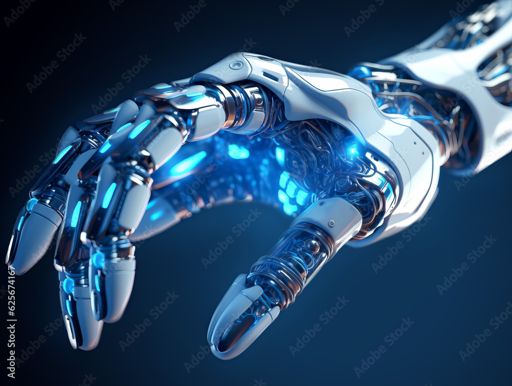 Poster white robot hand model on dark blue background. generative ai