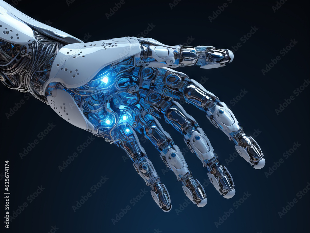 Poster robot hand model on dark blue background. generative ai