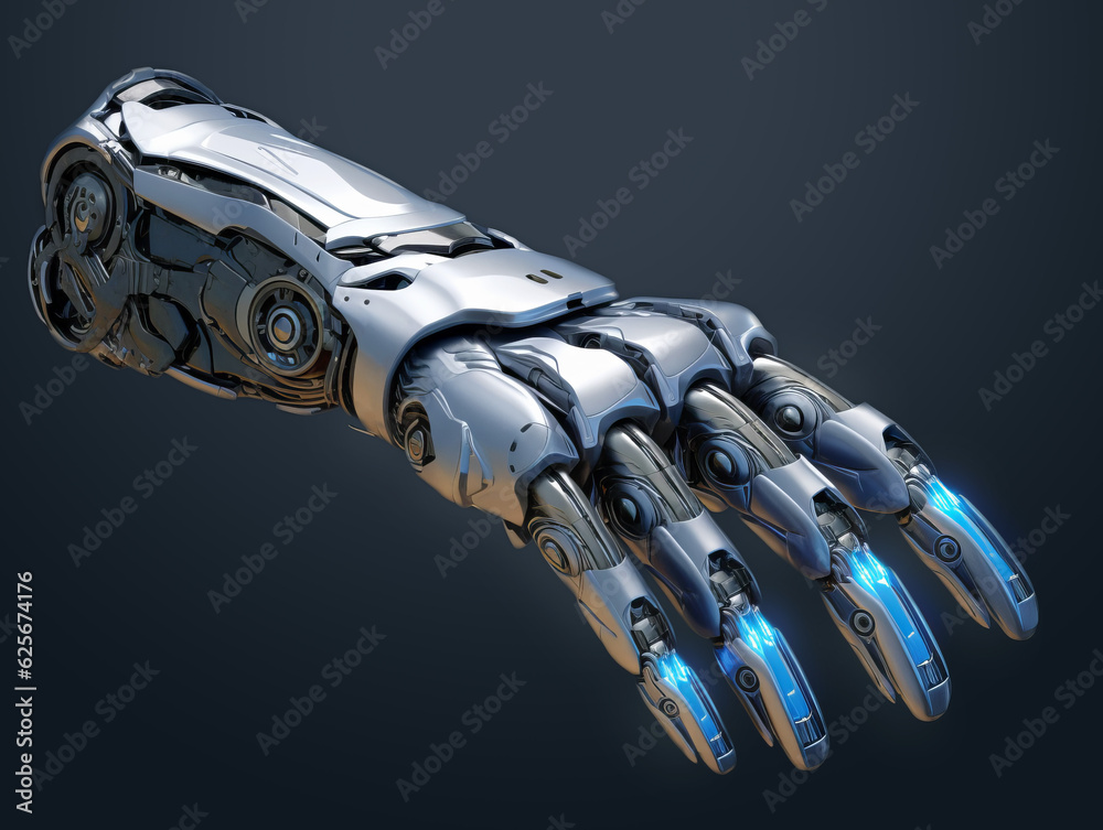 Poster robot hand model on dark grey background. generative ai