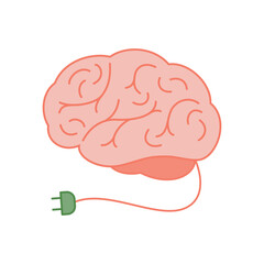 Brain and power cord. The concept of recharging the brain, energy, strength. Vector illustration isolated on white background.