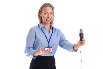 Female journalist with microphone on white background