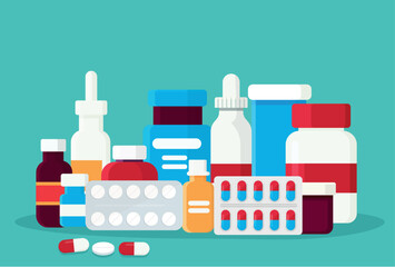 Pharmacy set items. Medicines, medical products. Vector illustration in flat cartoon style.