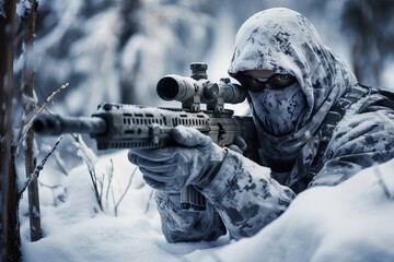 Military sniper in the winter forest. The concept of special operations behind enemy lines. The sniper aims at the enemy. - obrazy, fototapety, plakaty
