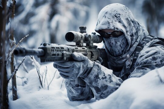 Military sniper in the winter forest. The concept of special operations behind enemy lines. The sniper aims at the enemy.