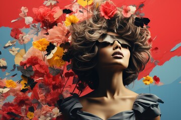 collage with brunette woman in sunglasses and flying flowers near head. 