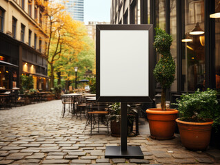 Fototapeta na wymiar Blank white advertising banner on sunset blurry city street background, mockup. Generative AI