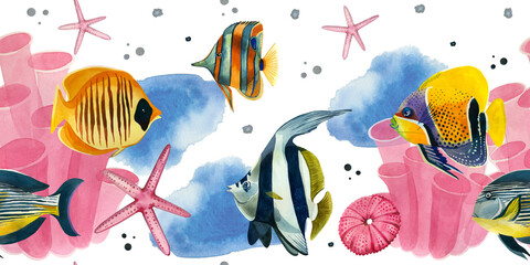 Seamless border. Tropical fish, corals, stars and hedgehogs in pink, hand-drawn in watercolor on a white background. suitable for printing on fabric, paper, for postcards, invitations, for design. © guliy_art