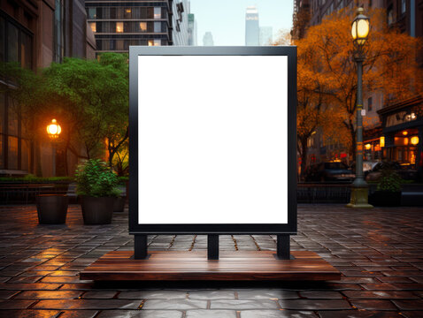 Blank white advertising display on autumn rainy city street background, mockup. Generative AI