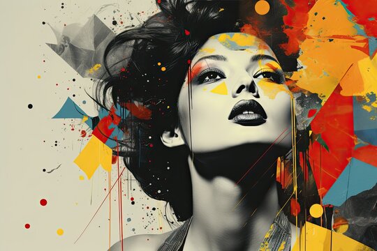 Collage with brunette woman  and flying colorful splashes.