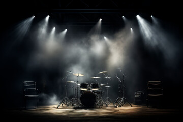 Dramatic stage background on dimly lit scene with a focus on a mysterious, dark drum set under glowing spotlights. AI generative