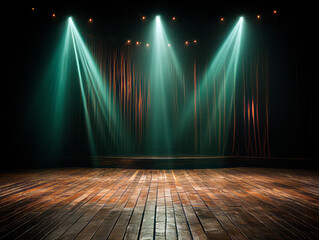 Dramatic stage scene background under radiant spotlights, showcasing a glossy wooden floor reflecting emerald beams. Air of anticipation, suggesting performance. AI generative