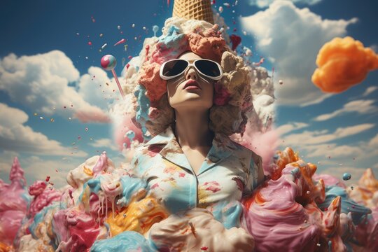 Collage in pastel color with woman in sunglasses and ice cream hairstyle