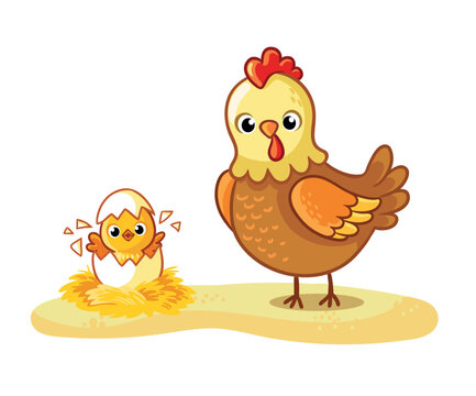 Mother hen and chicken. Mom and baby.Vector illustration with farm animals.