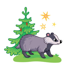 Cute badger stands on a green summer meadow next to a Christmas tree. Vector illustration with animal.