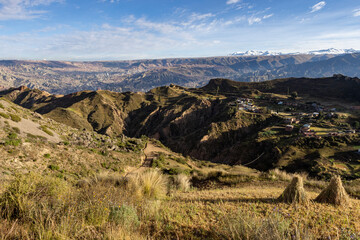 View from the impressive landmark Muela del Diablo down into the valley with the highest capital and vibrant city La Paz and El Alto in Bolivia
