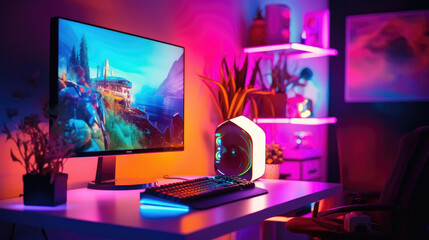 A gaming computer with RGB LED lighting on the desk