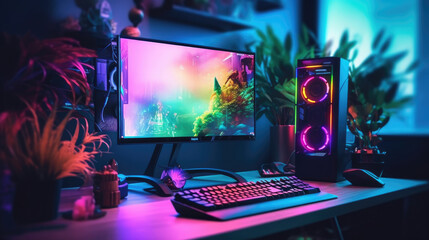 A gaming computer with RGB LED lighting on the desk
